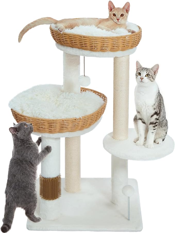 Made4Pets 32in PE Rattan Cat Tree Tower, 2 Large Handwoven Nest Baskets with Soft Cushions, Scratching Post, Stable Wicker Cat Tree with Groomer & Hanging Ball Toys for Adult and Kittens