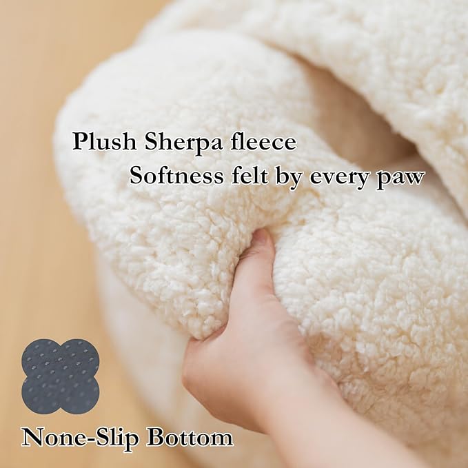 Cat Sherpa Cradle Cave, Plush Snuggle Winter Portable Warm Nest with Handle, Foldable Travel-Friendly Bed for Car and Home (Snow)