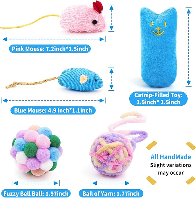 5Pcs Cats Toys Set, Interactive Kitten Toy for Indoor Kitty with Fuzzy Bell Balls Crinkle Catnip-Filled Toys Ball of Yarn Mice for Boredom Relief & Exercise - Mixed Color