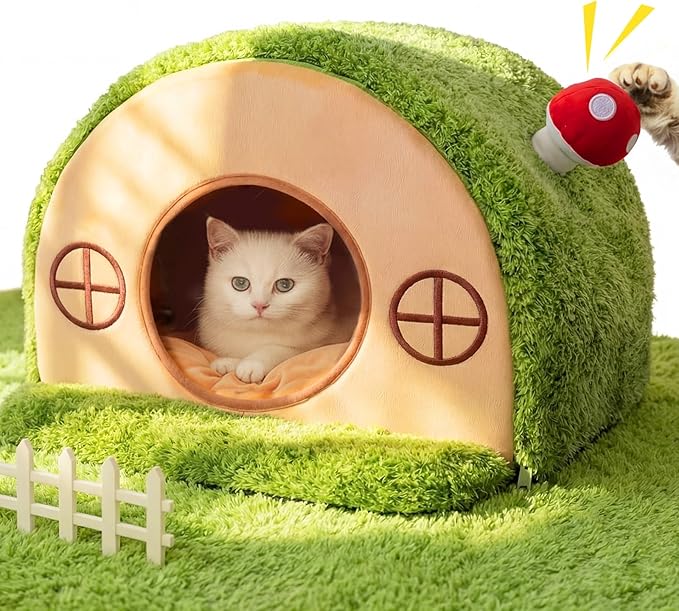 Cat House for Indoor Cats - Cute Cat Bed Cave, Tree Hole Cat Bed Tent for Kittens and Small Medium Pets with Removable Washable Cushion & Anti-Slip Bottom, Enclosed Kitten Bed Hideaway
