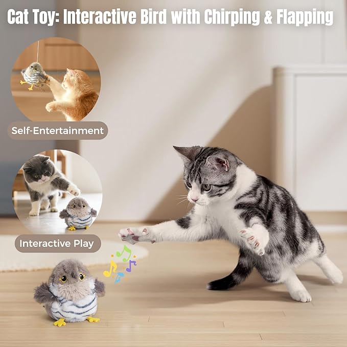 Cat Toys Flapping Bird Cuckoo, Touch Activated Interactive Cat Kicker with 3 Modes, Catnip Pouch, Type-C Rechargeable, Realistic Chirping, Self-Stop, Washable Fur Cover