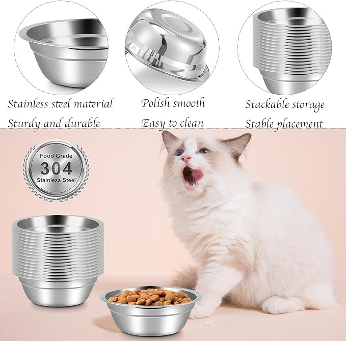 Stainless Steel Cat Bowls, 20 Pcs Cat Food Bowls Cats Feeding Dishes, Whisker Fatigue Cats Bowls Small Pet Bowls for Dogs Cats and Other Small Animals, 5.5 Inch