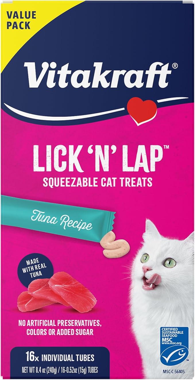 Vitakraft Lick ‘N’ Lap Real Tuna Squeezeable Liquid Cat Treats, Lickable, Broth #1 Ingredient, No Artificial Colors, Preservatives or Added Sugar, for Hydration, 0.52 oz. Tubes, 16 Count