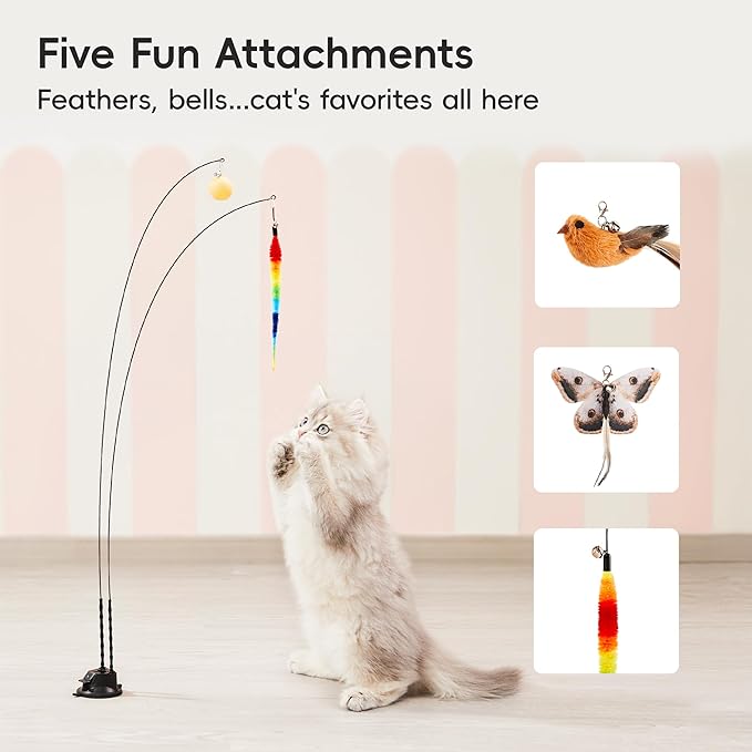 Potaroma Suction Cup Cat Wand Toys, Dual-Wand Interactive Kitten Toy for Indoor Cats with 5 Pcs Feathers Balls Attachments, Charcoal Base
