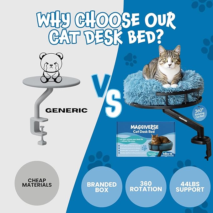 Cat Desk Bed – 360° Rotating Hammock Mount with Strong Clamp | Supports 44 lbs | Reinforced Wood Base, Plush Washable Cushion, Easy Tool-Free Install, Space-Saving Modern Furniture