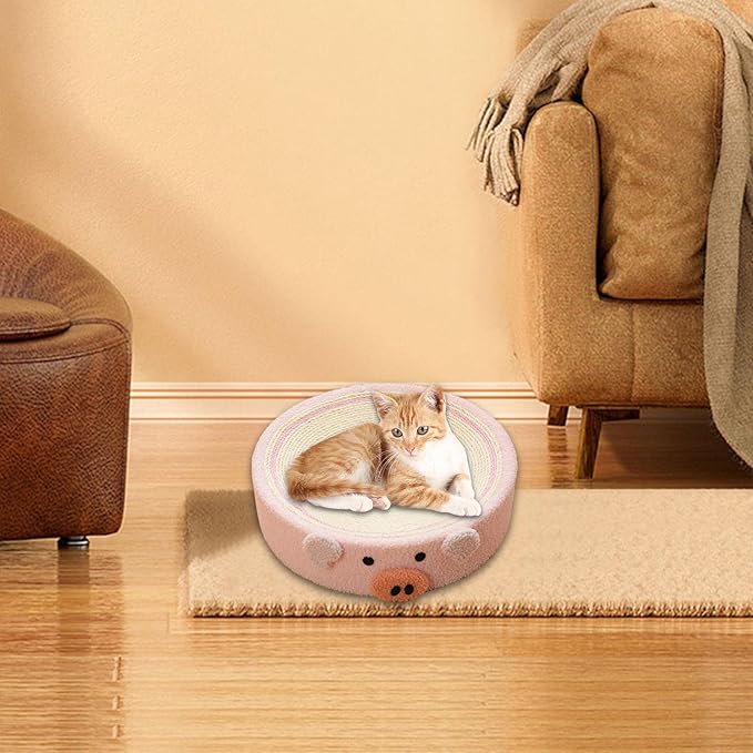 Cat Scratching Pad Training Toy Furniture Protector 2 in1 Indoor Lounge Pet Corrugated Paper Cute Cat Scratcher Pad Bed for Cats, Piggy