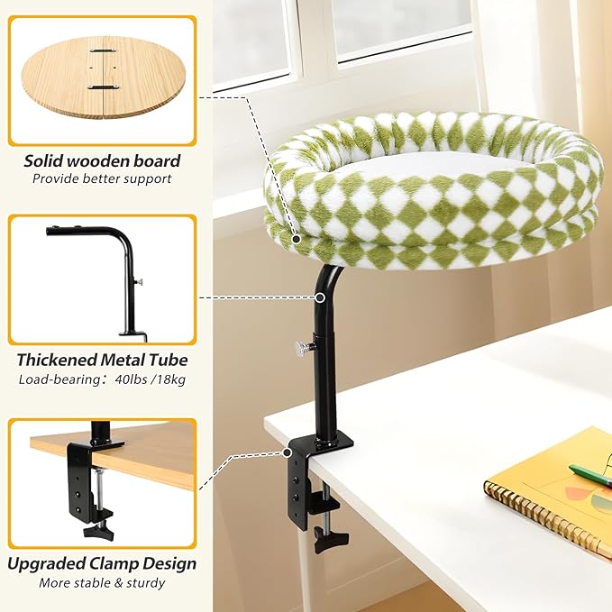 Sunhoo Cat Desk Bed 360° Rotating Height Adjustable Desktop Mount Hammock Kitten Perch Easy Setup Kitty Nest Table Clamp-on Attachment for Indoor Cats Washable 17" Diameter Hold Up to 40lbs（Green）