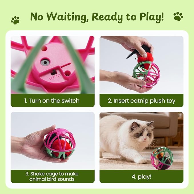 Cat Toys for Indoor Cats - Interactive Ball Cage Cat Toy with Realistic Bird Sounds & 2 Catnip Plush Toys, Motion-Activated Hunting Simulation Toy for Cats