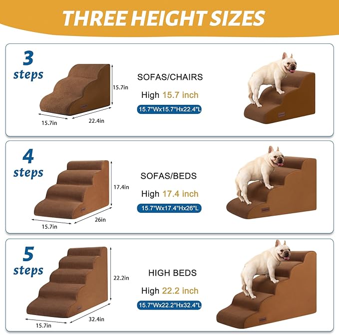 Aodisman 5-Step Dog Stairs and Ramp for High Bed,Non-Slip Sturdy Pet Steps for Small Dogs and Cats,22.2" H,Brown