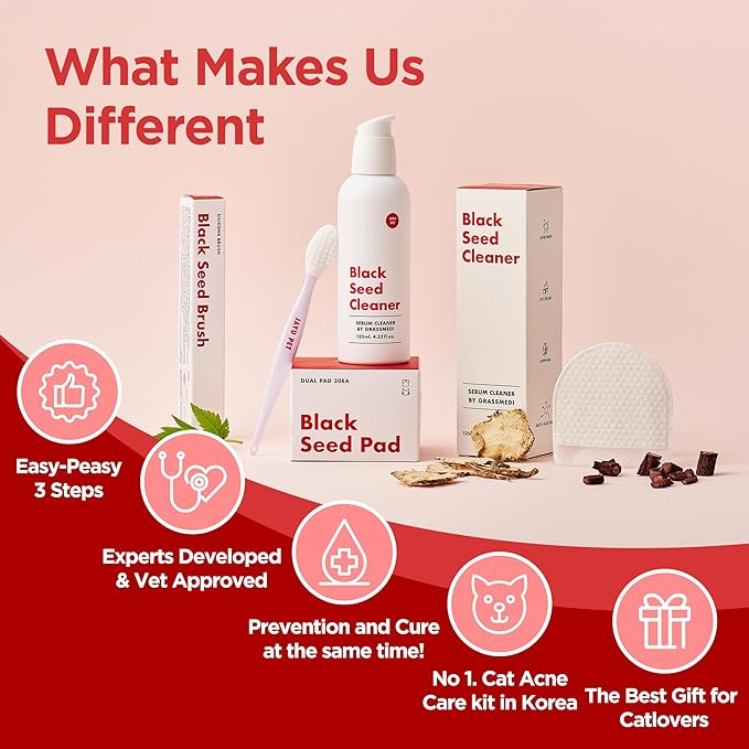 JAYU PET 3-Step Cat Acne Care Kit - Hypoallergenic Cleanser for Feline Acne, Cat Black Chin(1EA) Double-Sided Pads, Cat Acne Chin Wipes(30PCS) Soft Grooming Cat Acne Silicone Brush(1EA)