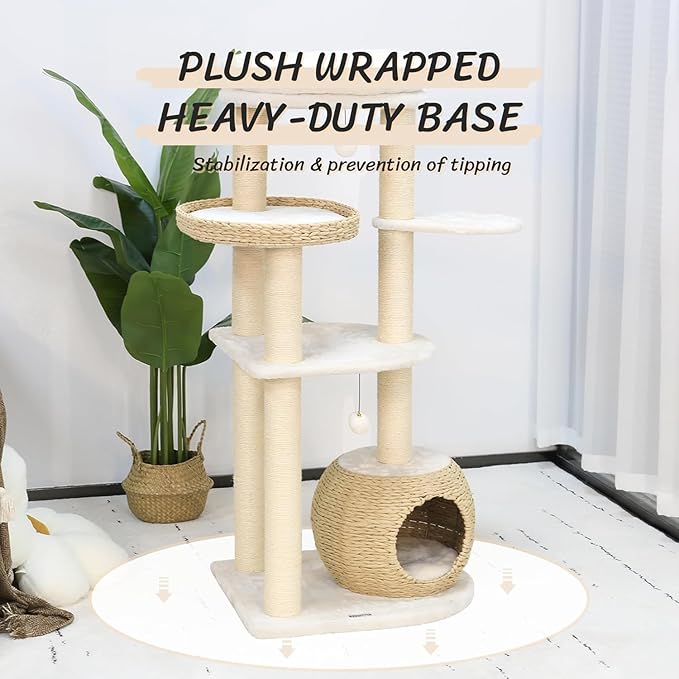 KAMABOKO Modern Solid Wood Cat Tree 53 Inch, Natural Sisal Scratching Posts Cat Tower for Indoor Cats, Cat Condo with Top Perch, Stable Wooden Cat Tree for Large Cats