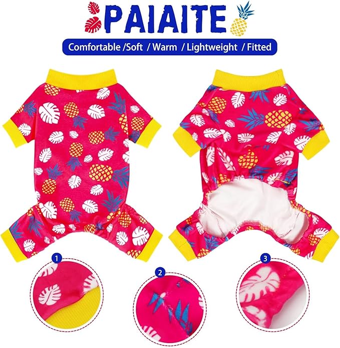 Paiaite 4-Legged Cotton Stretchable Jumpsuit Pjs: Pineapple Pattern Dog Pajamas - Lightweight Cozy Puppy Onesie Clothes, Comfortable Pet Sleepwear Jammies for Hair Shedding Coverage Yellow Edge XS