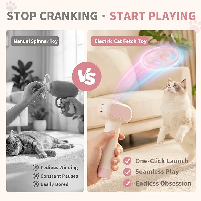 Cat Fetch Toy, One-Touch Automatic Launcher, Up to 20m Range, No Winding Needed, USB-C Rechargeable Flying Disc Toy, Interactive Cat Toy, Indoor Outdoor Use