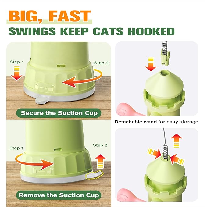 Interactive Cat Toys for Indoor Cats, Hanging Cat Wand Toy for Floor Doorway Window with Powerful Suction Cup Base, Pet Self-Play Enrichment Toy for Bored Cats Kitten(Green)