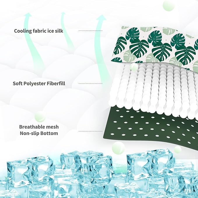 NWK Pet Cooling Mat -Q-Max>0.345 Ice Silk Cooling Mat for Dogs & Cats Portable & Washable Pet Cooling Blanket, Car Seats, Beds for Summer (Green Leaf, 27'' X 20'' X 0.3'')
