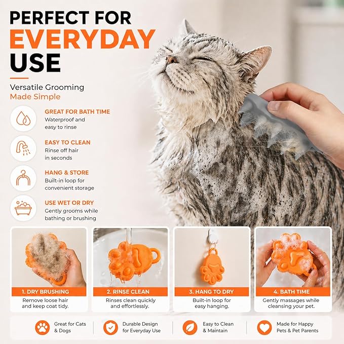 Cat Brush Silicone Pet Grooming Brush for Cats & Dogs, Soft Flexible Deshedding for Removing Loose Fur, Easy to Clean, Waterproof, for Short & Long Hair, Orange White Gray (Grey)