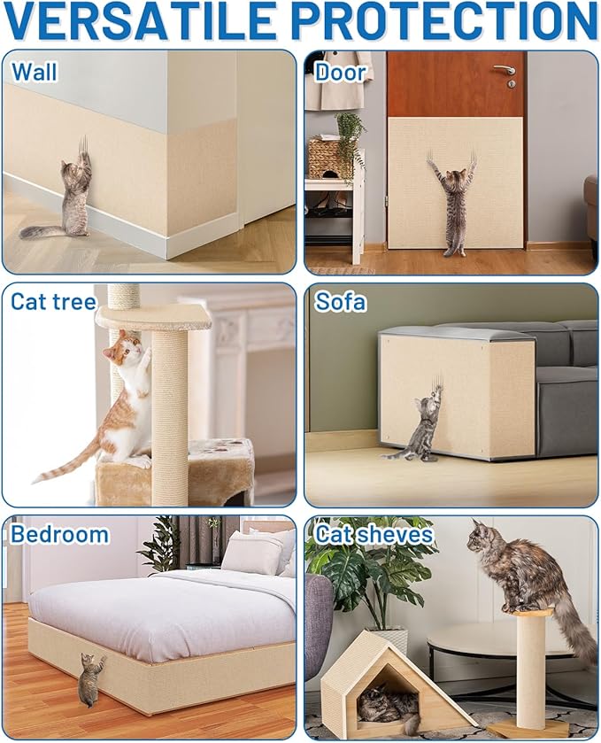 Cat Scratch Couch Furniture Protector, 78.7in x 15.8in Self-Adhesive Cat Scratch Mats, Trimmable DIY Cat Scratcher Pads for Wall, Couch Corner, Cat Tower and Replacement Pads (Khaki)