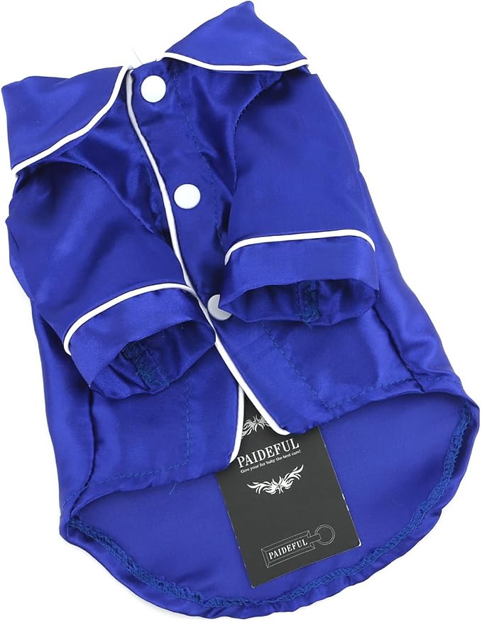 PAIDEFUL Soft Faux Silk Sleepwear for Small Dogs Cats Lapel Doggie Loungewear Lightweight Breathable Puppy Pajamas PJS Two-Legged Pet Shirt Clothes Summer Chihuahua Apparel Button Up,RoyalBlue,3XL