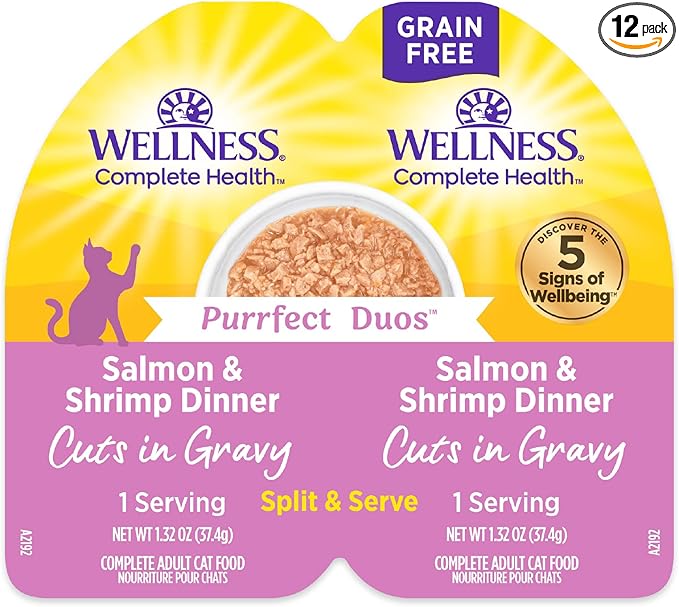 Wellness Complete Health Purrfect Duos Cuts in Gravy Adult Wet Cat Food, Natural, Protein Rich, Grain Free, Salmon and Shrimp Dinner Recipe, 2.64 oz, Pack of 12 Split Cups