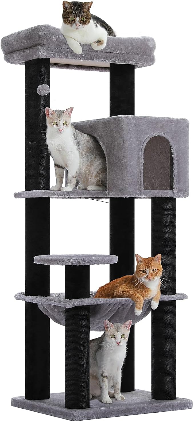 MUTTROS Large Cat Tree for Indoor Cats Large Adult, 57.8" Heavy Duty Cat Tower with Reinforced Scratching Posts (φ3.7in) and Plush Larger Hammock for Maine Coon & Big Cats, Supports 30lbs, Black