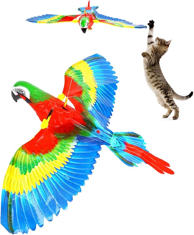 LOMIMOS Simulation Bird Cat Toy, Interactive Hanging Spinning Electric Toy Bird for Cats Indoor Ceiling Kitten Play Chase Exercise Eliminating Boredom(Parrot)