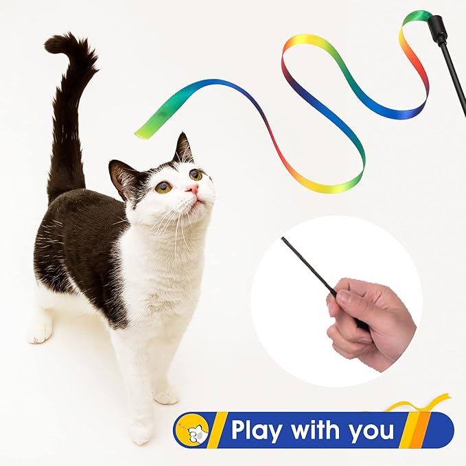 cobee 3 Pack Cat Wand Toy Set, 30cm Cat Interactive Wand with Rainbow Ribbon String + Leopard Print Cloth String for Kitten Training & Exerciser, Indoor Kitten Catcher