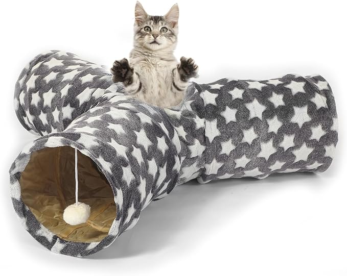 Cat Tunnel Toy- 3 Way-Shaped, Gray Star Pattern, Soft Velvet Exterior, Oxford Fabric Fog-Proof Interior, Plush Toy Ball, Easily Washable, Conveniently Foldable