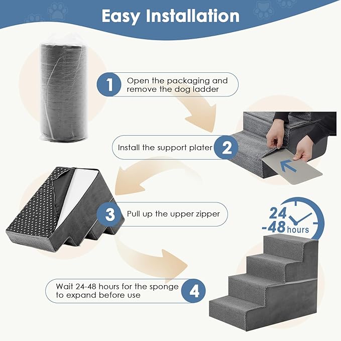 DUMOS Dog Stairs for Small and Medium Dogs, 4-Step Pet Steps with High-Density Foam, Indoor Non-Slip Pet Ramp for Puppy and Older Dogs Cats, Dog Bed Stairs for Couch and Sofa(Grey)