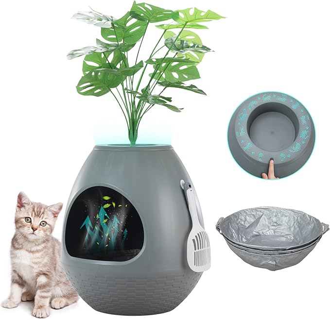 Egglao6 Plant Litter Box Furniture with 3PCS Cat Litter Box Liners Secret Kitty Enclosure with Odor Removal System, Decorative Top and Cat Litter Scoop, Quick Assembly, Extra Large (Grey)