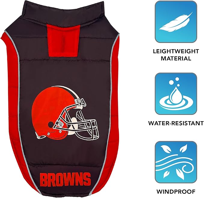 NFL Cleveland Browns Puffer Vest for Dogs & Cats, Size Medium. Warm, Cozy, and Waterproof Dog Coat, for Small and Large Dogs/Cats. Best NFL Licensed PET Warming Sports Jacket