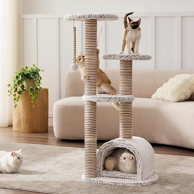 Cat Tower, Cat Tree Tower with for Indoor Cats, Condo with Spacious Elevated Perches, Scratching Posts, Cozy Cave, Dangling Toy Ball, Pet House Furniture for Indoor Kittens & Large Adult Cats.