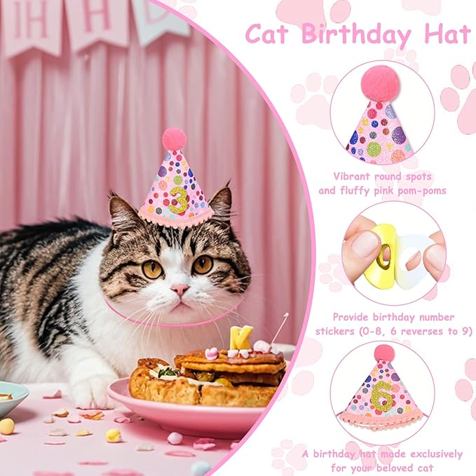 5Pcs Cat Birthday Decorations, Adjustable Cat Birthday Hat Bandana Tutu Skirt Collar Bow & 9 Number Stickers 0-8, Kitten Costume Outfit Decorations for Anniversary of Birth, Small Dog Friendly (Pink)