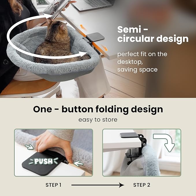 JUNSPOW Cat Desk Bed - One-Click Folding,Sunken Design & Space-Saving Semi-Circular Cat Bed, Soft Faux Rabbit Fur Material, Suitable for Various Desktops-Maximum Hold Up to 40lb