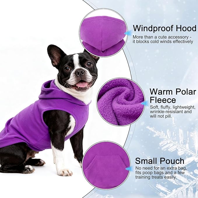 EXPAWLORER Dog Hoodie Fleece Sweater Vest, Hooded Dog Sweatshirt Fall Winter Pet Clothes with Leash Hole, Sleeveless Warm Cozy Puppy Clothing for Cat Small Medium Large Dogs Girl Boy, Purple XS