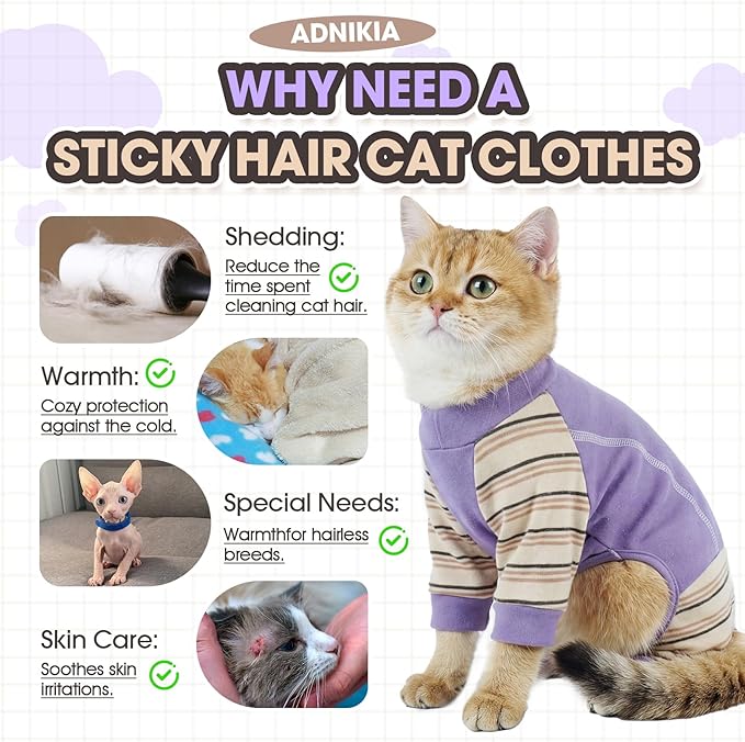 Sticky Cat Clothes, Sphynx Hairless Pajamas for Cats only, Soft Onesie for Kitten, Female Male & Hair Loss Prevention, Purple XL