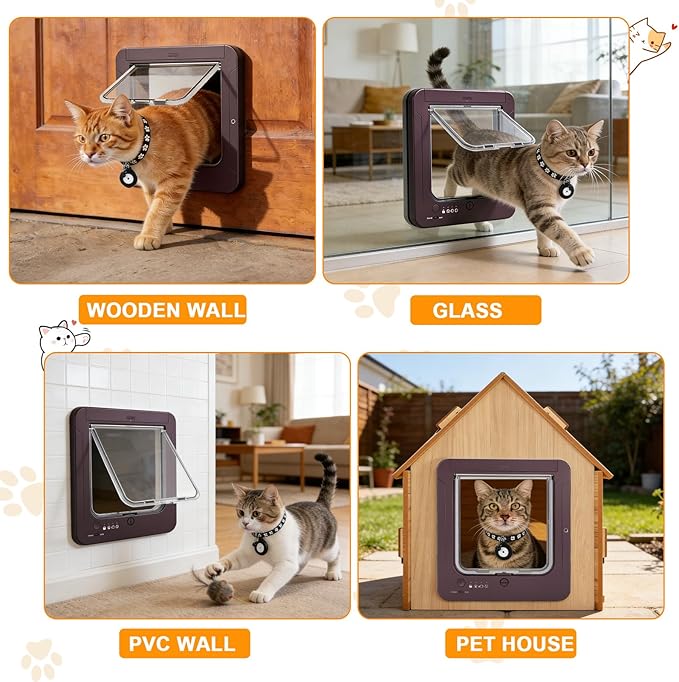 Smart Cat Door with 4 Collar Sensor Key, RFID Cat Door Collar Activated with Remote Control, 4 Way Locking Cat Flap Automatic Pet Door Interior & Exterior(Brown)