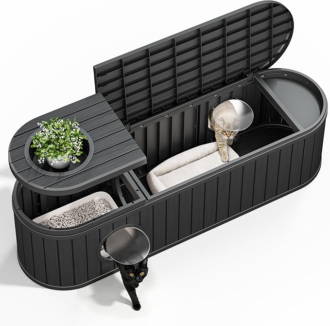 Hidden Litter Box Furniture for 2 Cats, Cat Litter Box Enclosure with Round Lift-up Door, Large Cat Cabinet, Indoor Cats House with Two Exits Black