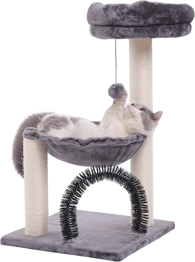FluffyDream Cat Tree Tower for Indoor Cats, 27.8 Inches Multi-Level Cat Tree with Scratching Posts Plush Basket & Perch for Play Rest, Cat Activity Tree with Dangling Ball for Kittens/Small Cats