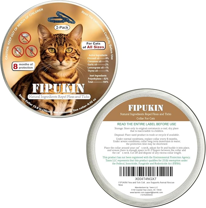 Natural Ingredients Flea Repellent Collar for Cats, Safe and Effective Flea and Tick Repellent, Waterproof, 8 Months Protection per Collar, Free Comb, One Size Fits All, 13.8 Inches, 2-Pack