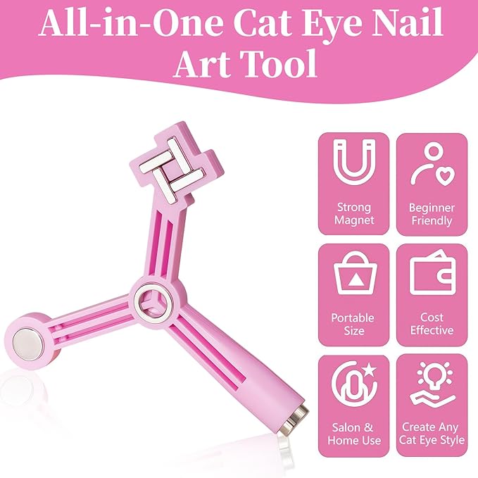 4 in 1 Nail Magnet, Cat Eye Gel Nail Polish Magnet for Nails, Compact Magnetic Nail Tool for French, Star & Cat Eye Designs, Strong Magnet Easy to Control for DIY Home & Nail Salon (HJ-NAT295-Pink)