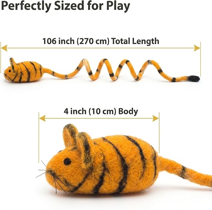 Glaciart One Felt Mouse Cat Toy – Soft Fuzzy Enrichment 100% Natural Wool - Interactive Catnip Play Cat Toy Set - Safe for Pets, Non-AZO Colored Dyes - 100” Long