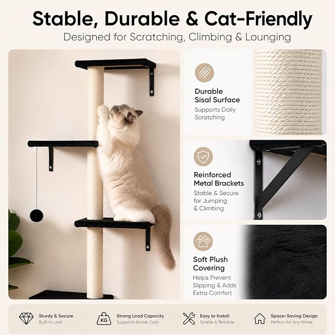 Modern Wall-Mounted Cat Furniture - 5pcs Cat Wall Shelves, Wooden Climber Includes House, Bridge, Tree, Steps, and Scratcher (Black)