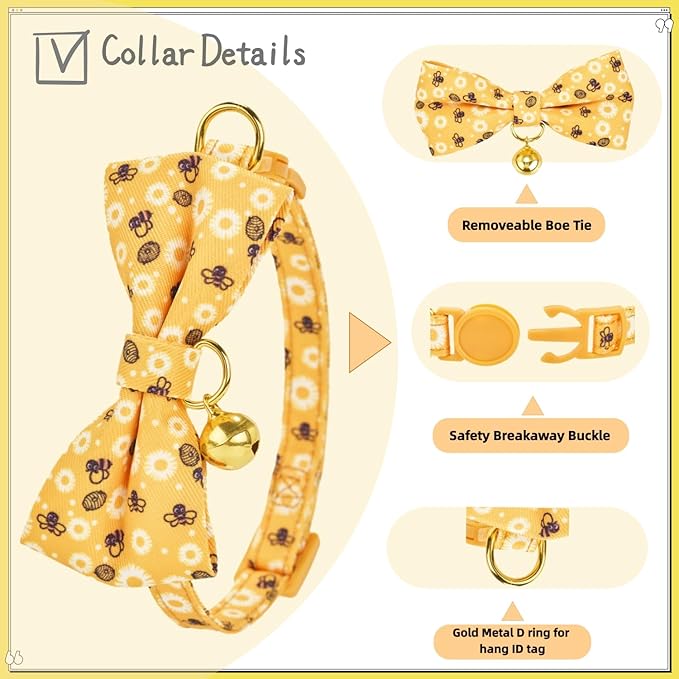 2 Pack Cute Cat Collar with Bow Tie & Bell, Adjustable Strawberry/Daisy Print Kitten Collars with Safety Breakaway Buckle for Cats & Small Dogs(Bee+Staw)