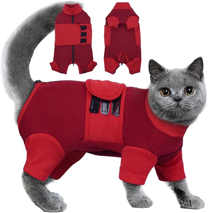 Anxiety Relief Catsuit, Color Blocking Cat Clothes, Adjustable Calming Onesie for Thunderstorms, Fireworks, Separation, Vet Visit, Loud Noises, Travel, Anti-Anxiety Wrap for Cats, Red Large