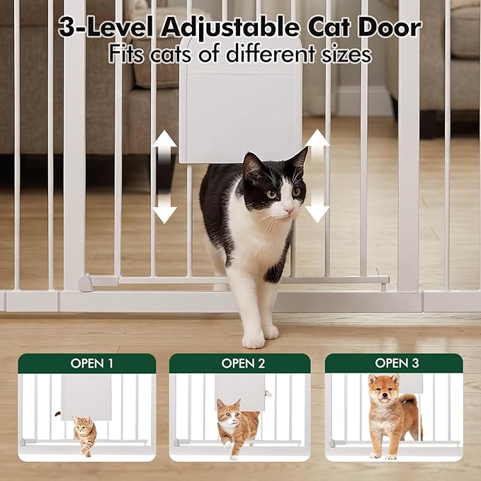 Metal Pet Gate with Cat Door, Adjustable Dog Gate for Doorways & Stairs, Pressure Mounted, Auto-Close, No Tools Needed, 31-46 Inches, White