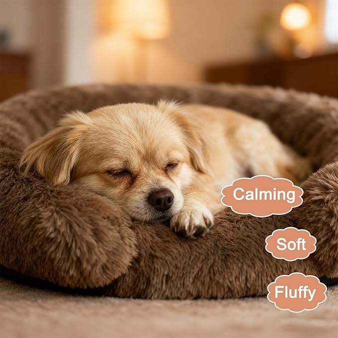 Calming Dog & Cat Beds with Orthopedic Egg-Crate Foam Raised Rim, Soft Fluffy Faux Fur Pet Bed for Small Medium Dogs, Anxiety Relief Spine Support, Machine Washable Cover (Round, Coffee 23")