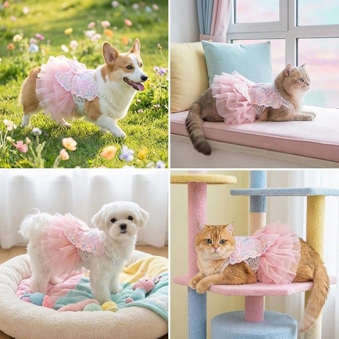 Fairy Dog Dress Cat Princess Outfit with Pink Tulle Skirt & Butterfly Wings, White Knit Top with Lace Collar, Pet Clothes for Small Dogs Cats Birthday Wedding Halloween 2.2-3.3lbs(Pink,XS)
