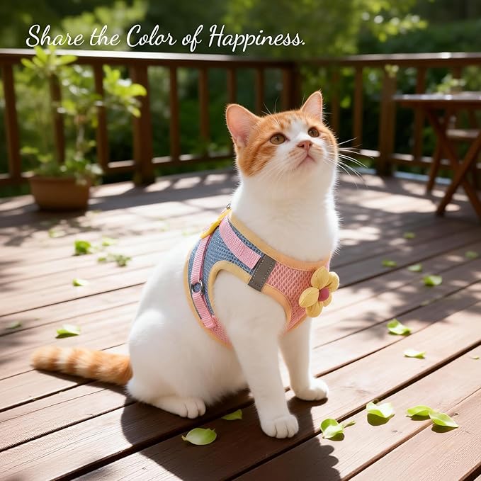 Cat Harness and Leash Set Escape Proof, Step in Mesh Cat Vest Harness with Cute Flower, Reflective Adjustable Kitten Harness and Leash Set for Walking (Pink, XS)
