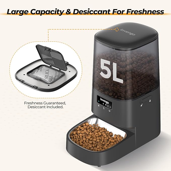 Automatic Cat Feeder with App Control, 5L Food Dispenser for Cats and Small Dogs, 2.4/5G Wi-Fi, Programmable Portions, Anti-Jam & Fresh-Lock, Stainless Steel Bowl, Easy to Clean