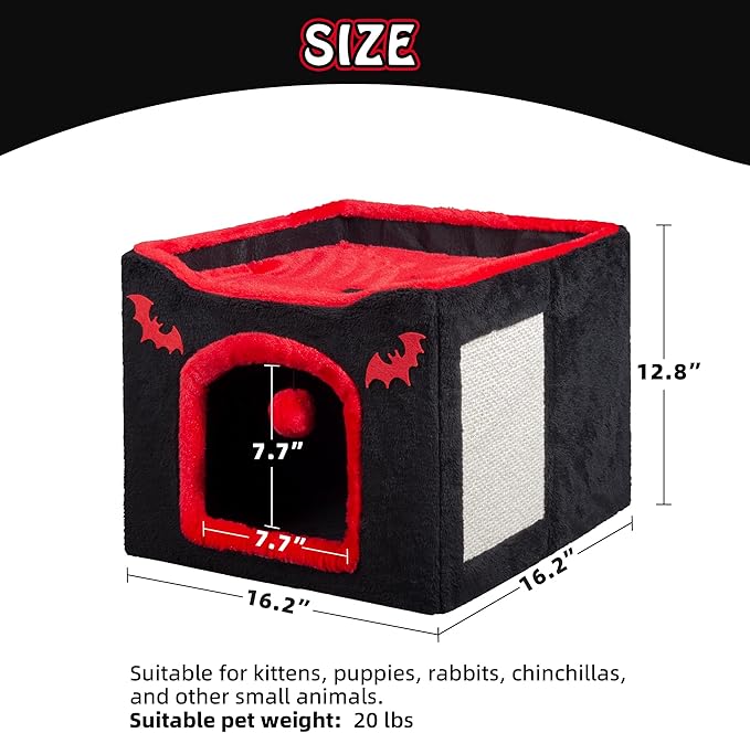 Gothic Cat House Bed for Indoor Cats Coffin Cat Condo with Scratch Pad and Fluffy Ball Toy, Foldable Hideaway Cube, Pet Bed for Kittens and Large Cats, 16.5x16.5x13in, Red Black Halloween